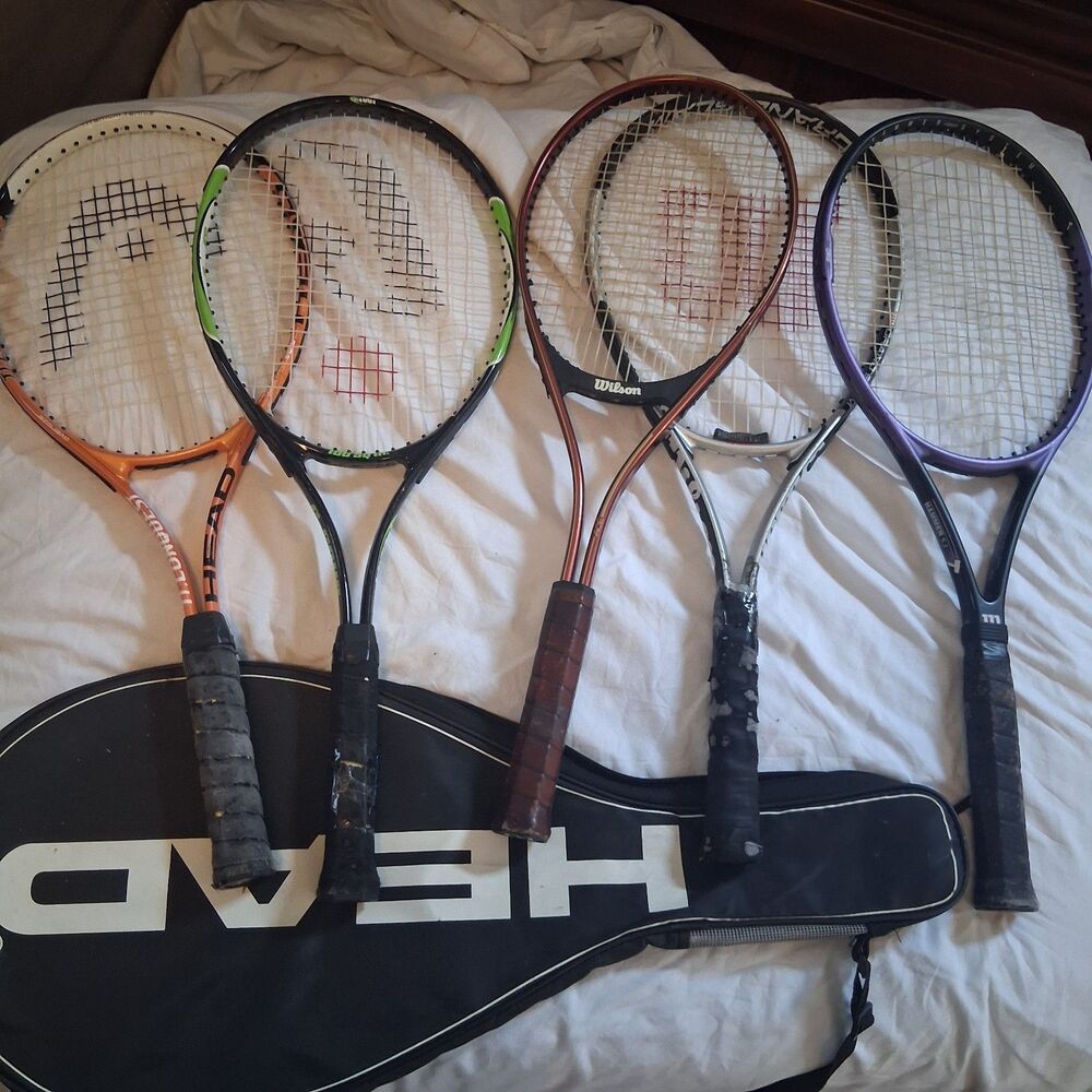 Lot of 5 Used Tennis Racquets HEAD Wilson Grand Slam Hammer Titanium w/ Bag